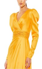 Mac Duggal Gown 12404 Mango Golden Yellow Puff Long Sleeve Satin Slit NWT Sz 12