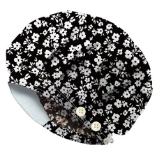 Black Florals Bouffant Scrub Caps Cotton Flowers Nurse Scrub Hats With Button...