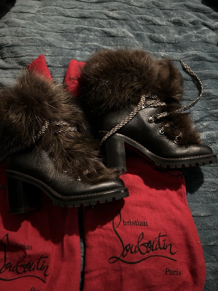 Christian Louboutin Fanny 70 Negro Marrón Piel Cuero Tacón Atado Bota de Combate 34 Foto 2 de 4