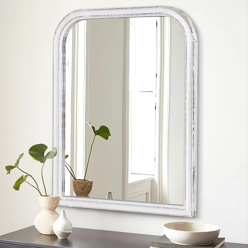 Farmhouse White Wood Framed Mirror for Wall 26 x 18 Inch Large Rounded Rectan...