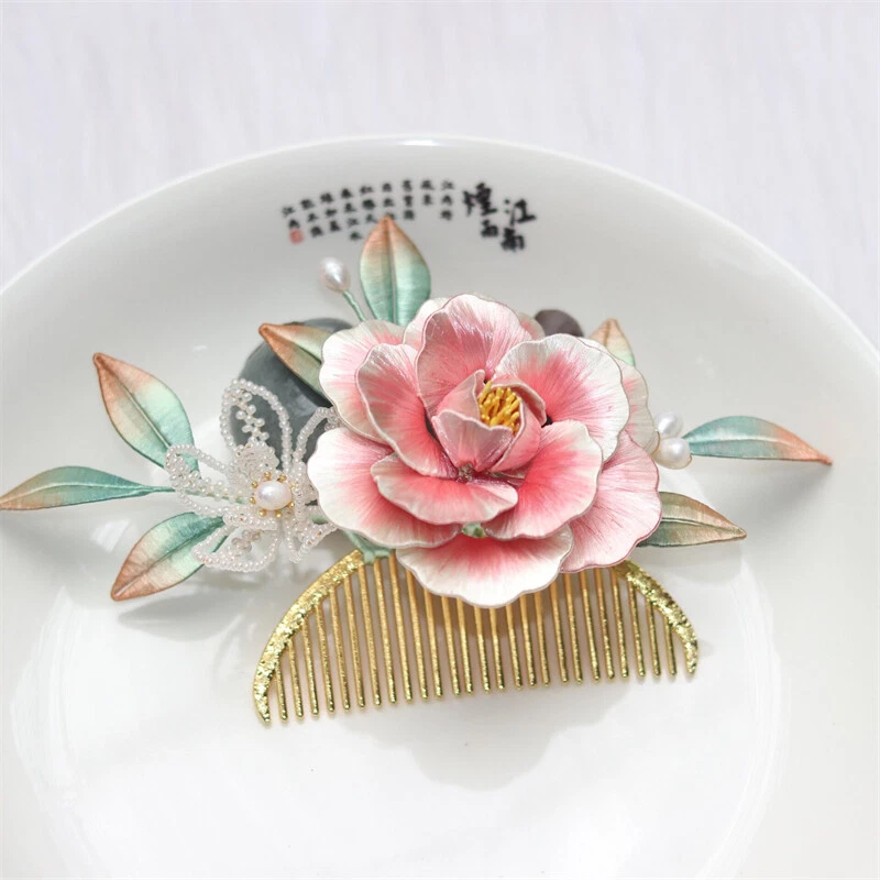 Pente de cabelo feito à mão de seda peônia grampo de cabelo quimono cânhamo cabeça de fada acessórios presente - Imagem 3 de 4