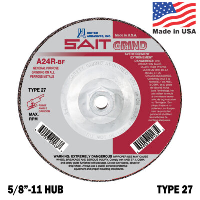 United Abrasives SAIT A24R-BF 4-1/2'' Type 27 Grinding Wheel 5/8-11 Hubbed