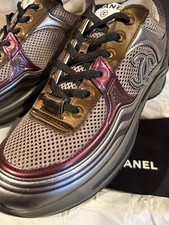 CHANEL 23A NEW TAGS DARK PURPLE SILVER KHAKI CC LOGO SNEAKERS SIZE EU38 BOX