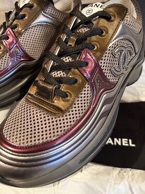 CHANEL 23A NEW TAGS DARK PURPLE SILVER KHAKI CC LOGO SNEAKERS SIZE