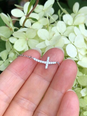 Curved Cz Cross Necklace 925 Sterling Silver Sideways Pendant 15mm