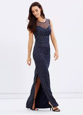 Navy Blue Gold Glitter Lace Maxi Dress 16 Party Evening Wedding Occasion Gown