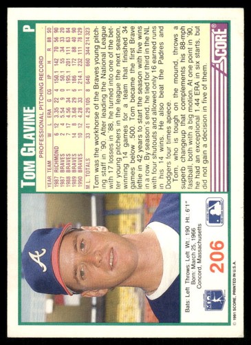 1991 Score #206 Tom Glavine Atlanta Braves - Picture 2 of 2