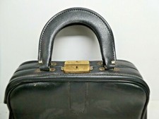 VINTAGE 1960s BLACK VINYL HANDBAG VANITY TRAVEL CASE BAG MID CENTURY
