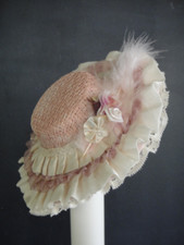 Pink straw hat-bonnet with laces feather for antique or modern dolls Head 8-9"