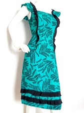 WHISTLES silk dress size 10 knee length 100% silk turquoise black frill detail