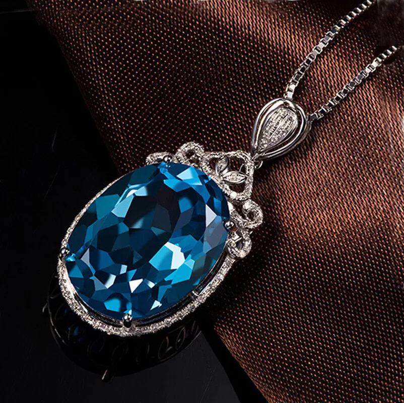 NEW Big Swiss Blue Topaz Gemstone Charm Women Jewelry Silver Necklace Pendants
