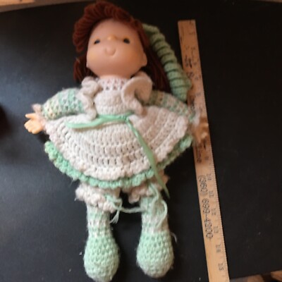 Crochet Baby Doll Plastic Head Hands light green Dress 15   redhead blue eyes