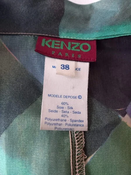 Camicetta vintage anni 90 designer KENZO Paris funky seta multicolore trasparente 38 F 10 Regno Unito