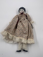 German China Head Doll w/ Porcelain Legs Arms 12" Black Hair Blue Eyes Cloth
