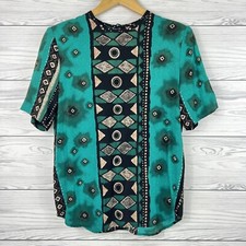 Vintage Ali Miles Blouse Women's 6 Green Abstract Aztec Keyhole Back Emerald EU