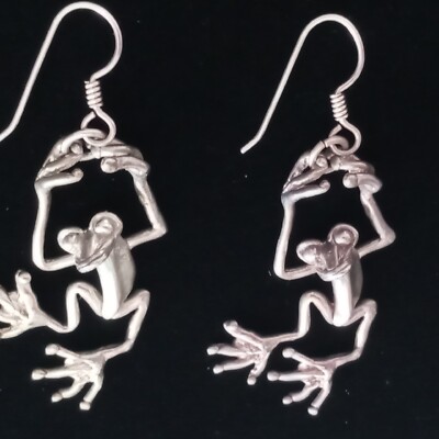 Sterling Silver 925 Hanging Tree Frog Dangle Earrings 2''  Wildlife Jewelry
