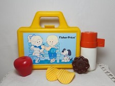 Vtg 1990 FISHER PRICE Yellow Lunch Box with Thermos Food Lot Apple Cookie Chips