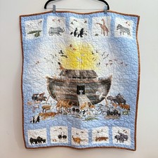 Noah's Ark 37.5x33 Baby Quilt blue animals zoo bedding religious rainbow Bible