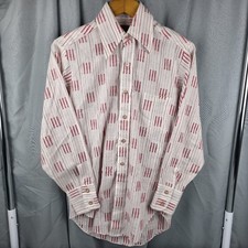 Vintage 70s Sears Shirt Men M Button Up Red Striped Poly Blend Perma-Prest
