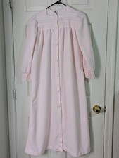 VTG Christian Dior Soft Fleece Robe Nightgown Sz 12 Pink Button Front Smocked