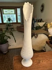 Vintage Fenton White Milk Glass Hobnail Swung Vase 20.25” Pedestal MCM Large