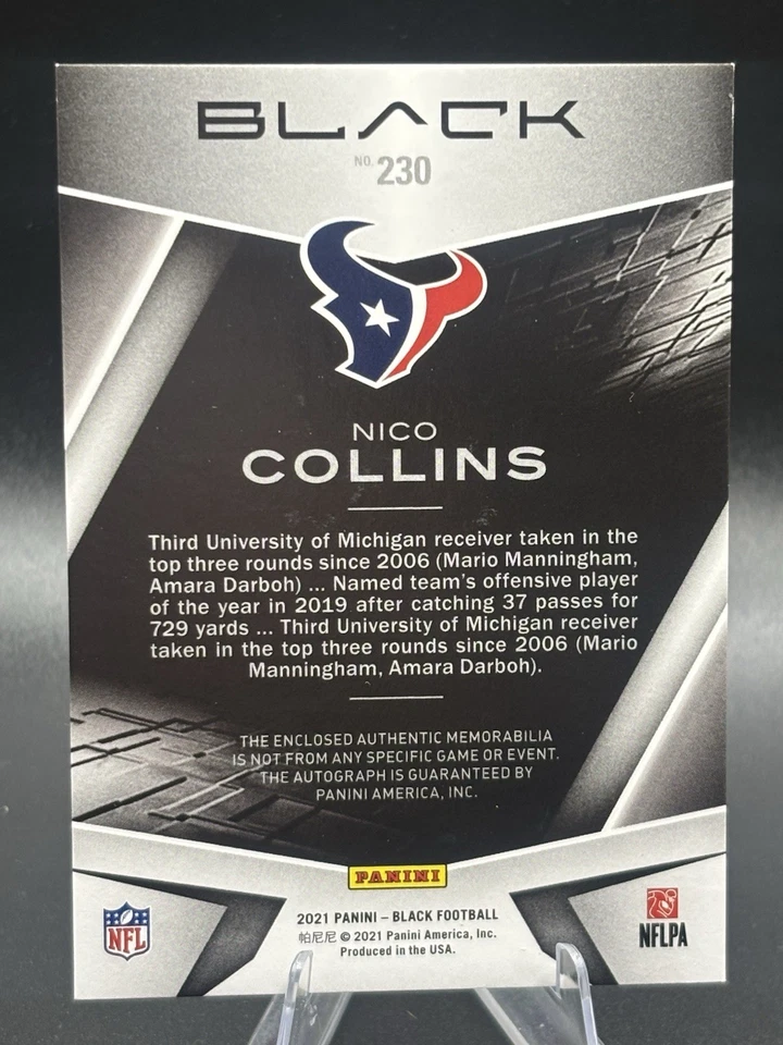 2021 Panini Black Rookie Nico Collins #230 Patch Auto /199 - Texans - Tri Color - Image 3 of 3