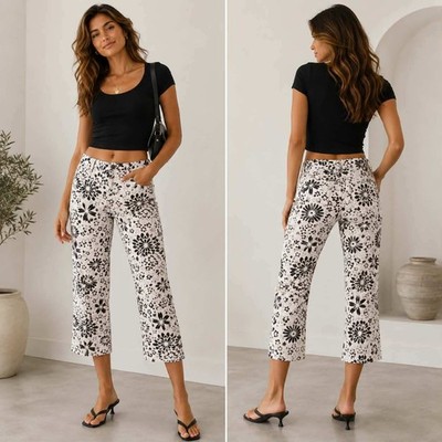 Calvin Klein Jeans Womens 10 Floral Print Denim Cropped Straight Leg Pants Black