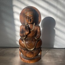 Vtg Wooden Buddha Carving Sculpture Lotus Meditating Tibetan Gold Wall Hanging