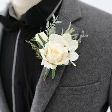 Wedding Rose Boutonniere Silk White Groom Groomsmen Buttonhole Accessory