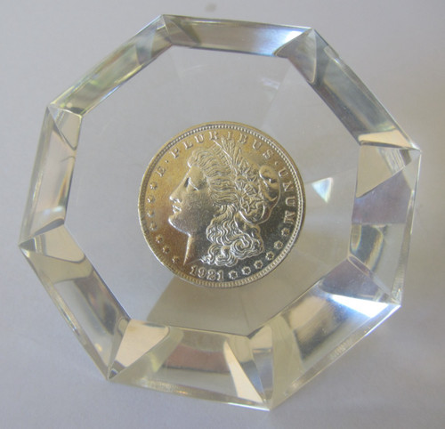 Vintage & Unique 1921 Morgan Silver Dollar Encased Diamond Shaped Paperweight
