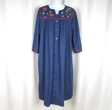 Go Softly Patio Denim House Dress Mumu Size XL Embroidery Snaps Pockets Chambray