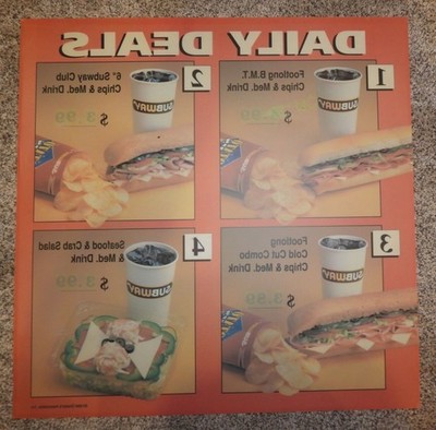 Vintage 1994 Subway Restaurant Daily Deals Menu Plastic Lightbox