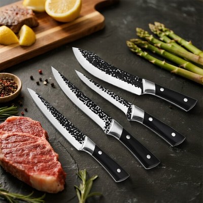 4PCS Handmade Chef Set with Knife Sharpener Damascus Steel Kitchen Knives BBQ
