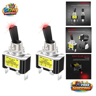 Heavy Duty 30A SPST Toggle Switch with Red LED - 12V DC for Car & Truck - 2pcs