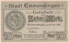 Emmendingen - Stadt - 10 Mark - ohne Wz. - entw "bezahlt" - Geiger 133.04b)