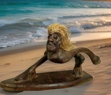 Tiki Surfer Wood Hand Carved Hawaiian Folk Art Tiki Bar Surfing Figurine 8"x5
