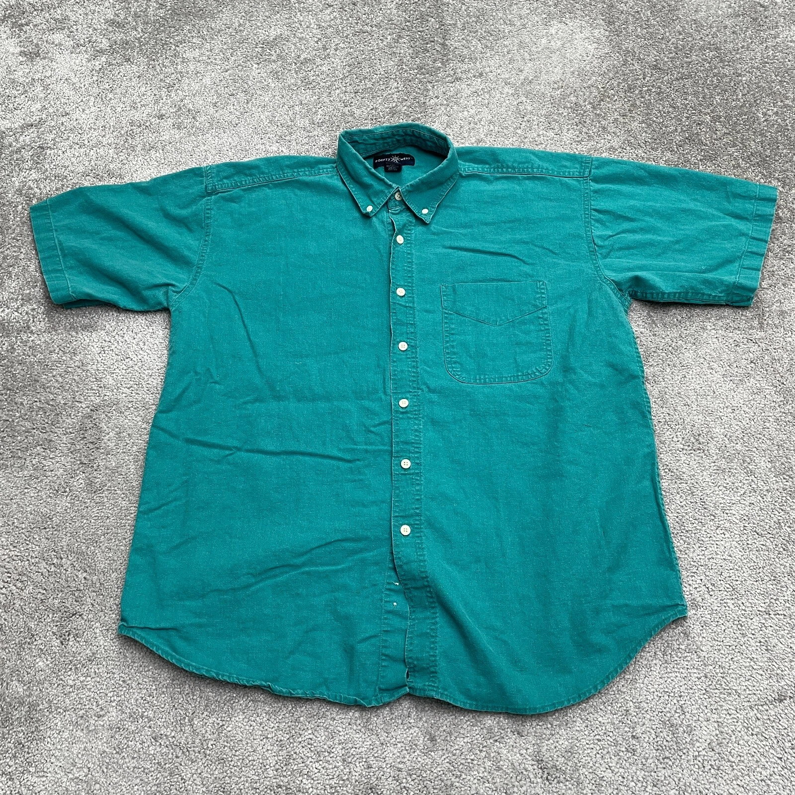 Point West Linen Blend Button Down Shirt Mens Large Teal Green Short Sleeve Top