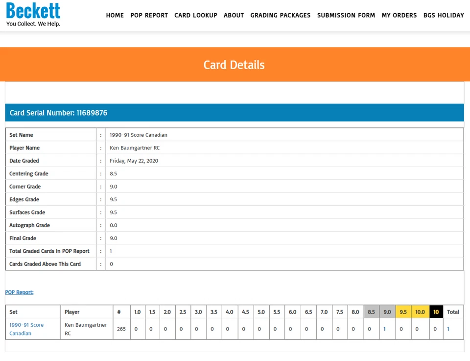 POP 1 Ken Baumgartner RC BGS 9: 1990-91 Score Canadian Rookie Card Gisto #265 - Image 3 of 3