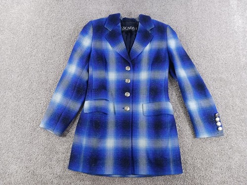Escada Margaretha Ley Damen Sakko 36 blau kariert Wolle Knopf gefüttert Vintage