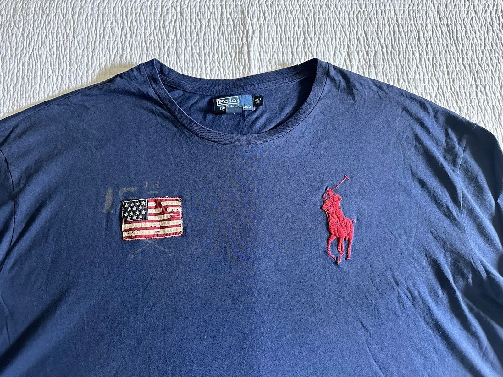POLO RALPH LAUREN USA Flag Big Pony T Shirt Blu Navy Uomo Taglia 4XB EUC