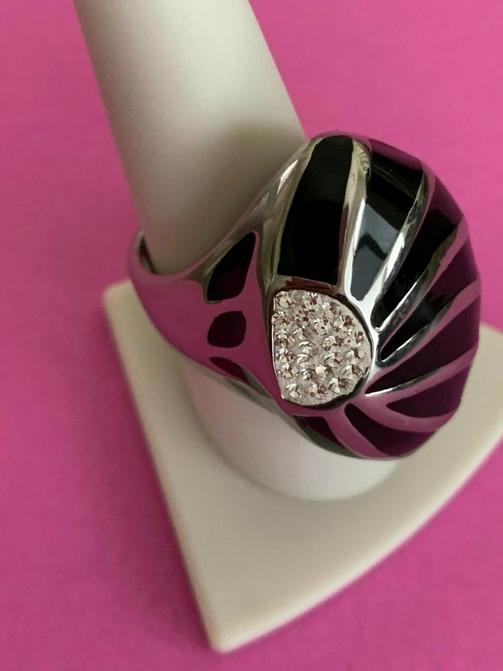 Anillo Cúpula Negro Plateado con Cristales Pave Audaz Declaración Nuevo Talla 9 Foto 4 de 4