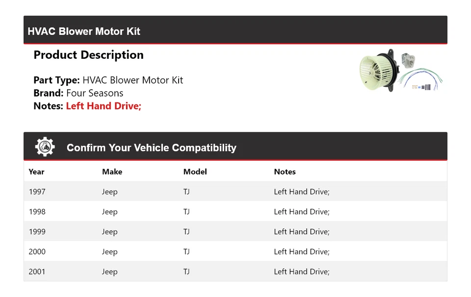 Kit de motor soplador de climatización Jeep TJ 1997-2001 4 estaciones 1998 1999 2000 Foto 2 de 4