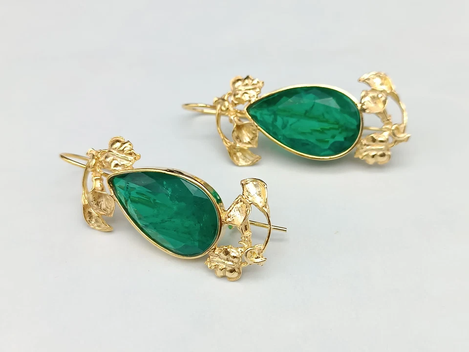 orecchini donna goccia quarzo verde smeraldo argento 925 placcato oro - Immagine 3 di 4