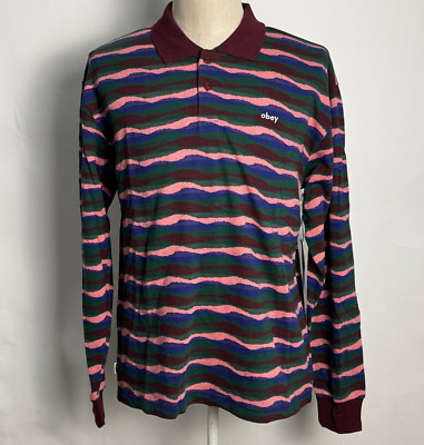 Obey Men's LS Polo Monaco Jacquard Cherry/Multi Stripe Size M NWT