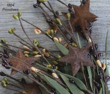 12" Leafy Pip Berry Pick w/Rusty Stars - Dark Burgundy, Olive, Gold  - Primitive