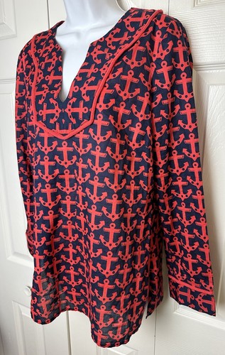 VINEYARD VINES Anchor Tunic Top Blouse Blue Red Rope Trim Nautical Shirt Sz S - Picture 2 of 9