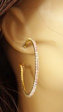 IRIDESCENT RHINESTONE HOOP EARRINGS GOLD TONE 2 INCH HOOPS CRYSTAL