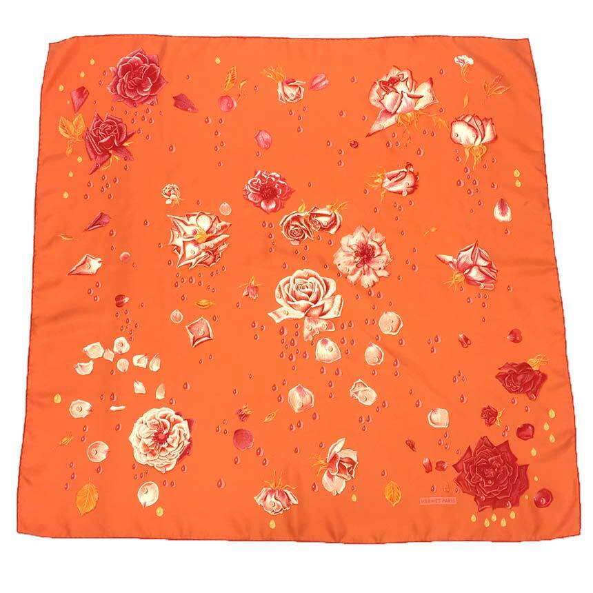 Hermes Scarf Carre90 La Rosse Dew Rose Flower Silk Orange