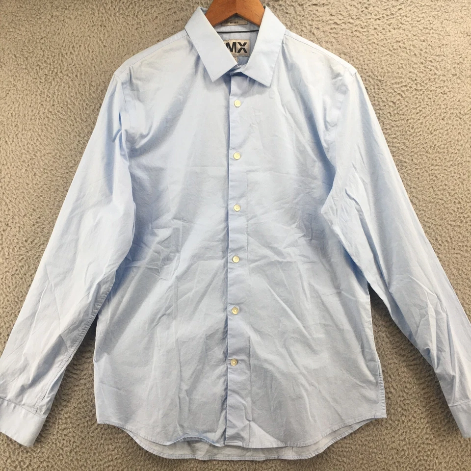 Camisa de vestir 1MX Express con botones para hombre grande azul cuello mangas largas informal Foto 2 de 4