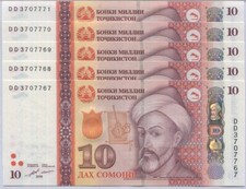 Tajikistan 10 Somoni 2018 P 24 UNC Lot 5 Pcs